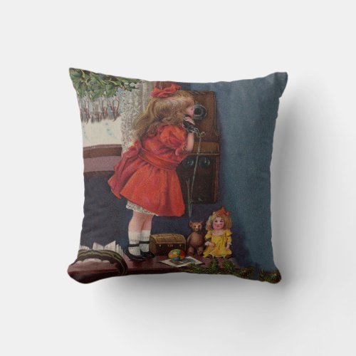 Christmas Little Girl Telephone Antique Throw Pillow