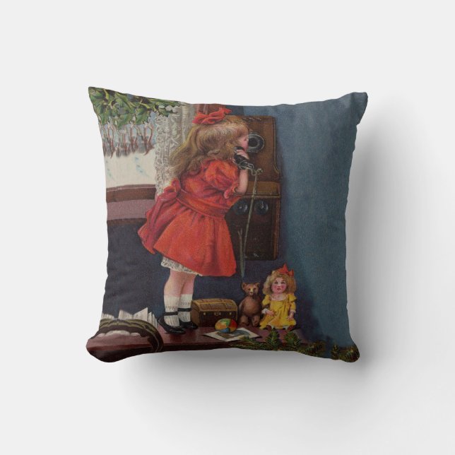 Christmas Little Girl Telephone Antique Throw Pillow (Front)