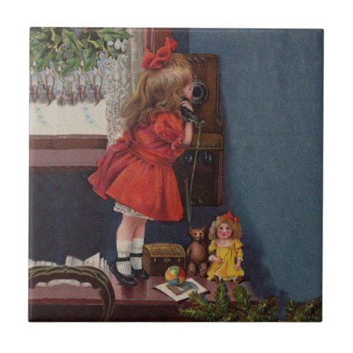 Christmas Little Girl Telephone Antique Tile