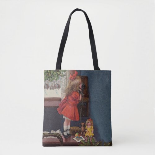 Christmas Little Girl Telephone Antique Tote Bag