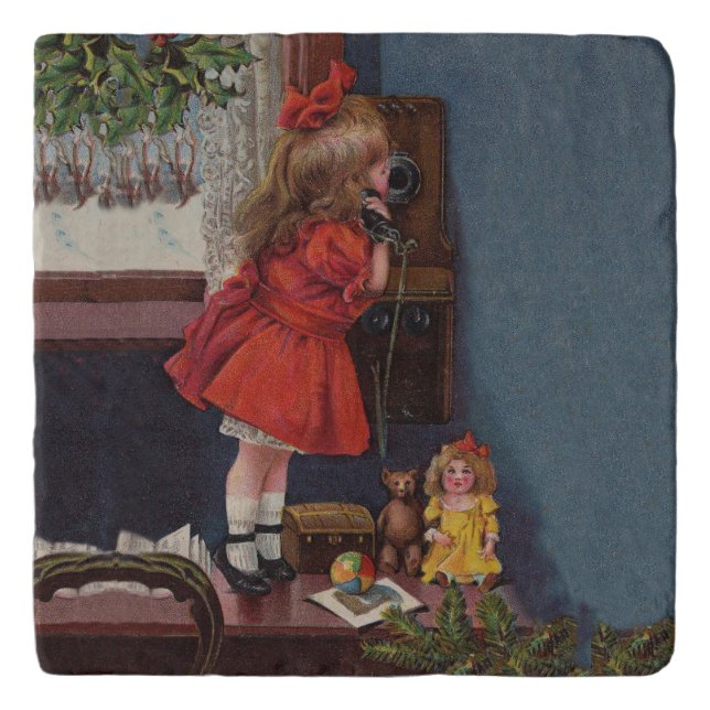 Christmas Little Girl Telephone Antique Trivet (Front)