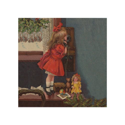 Christmas Little Girl Telephone Antique Wood Wall Decor