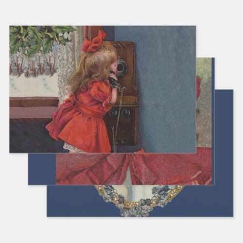 Christmas Little Girl Telephone Antique Wrapping Paper Sheets