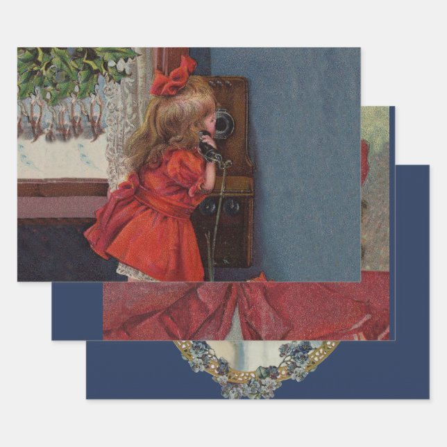 Christmas Little Girl Telephone Antique Wrapping Paper Sheets (Set)