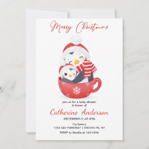Christmas Little penguins in a mug Baby Shower In Invitation