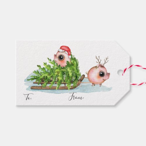 Christmas Little Pig Pulling Sled Gift Tags