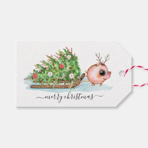 Christmas Little Pig Reindeer Pulling Sled Gift Tags