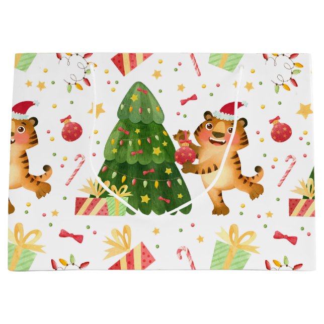 Christmas Little Tiger In Xmas Tree Gift Pattern Large Gift Bag (Front)