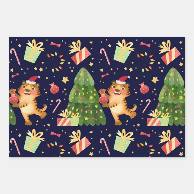 Christmas Little Tiger In Xmas Tree Gift Pattern Wrapping Paper Sheets (Front)
