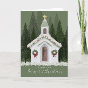 Christmas Little White Church in Snowy Forest   Card