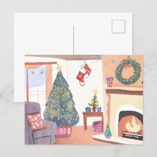 Christmas Living Room Watercolor Holiday Postcard