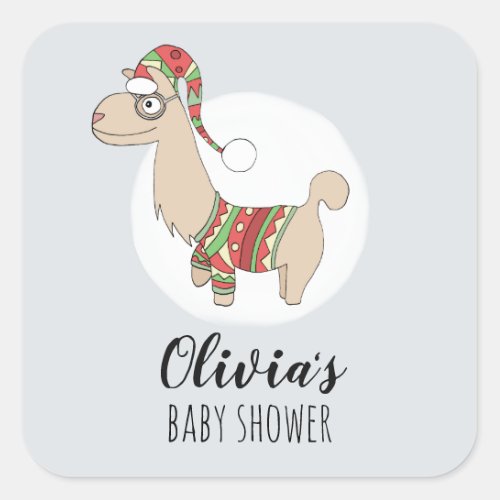 Christmas Llama and Name Festive Baby Shower Square Sticker