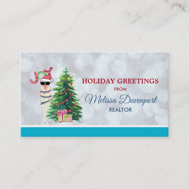 Christmas Llama | Joy Typography | Silver Bokeh Business Card (Front)