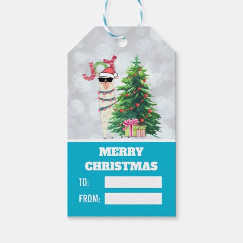Christmas Llama  Joy Typography  Silver Bokeh Gift Tags