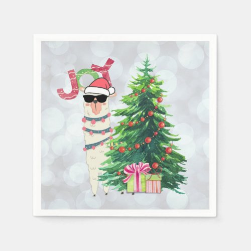 Christmas Llama  Joy Typography  Silver Bokeh Napkins