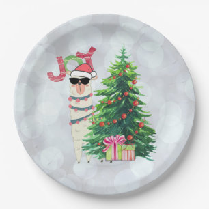 Christmas Llama   Joy Typography   Silver Bokeh Paper Plates