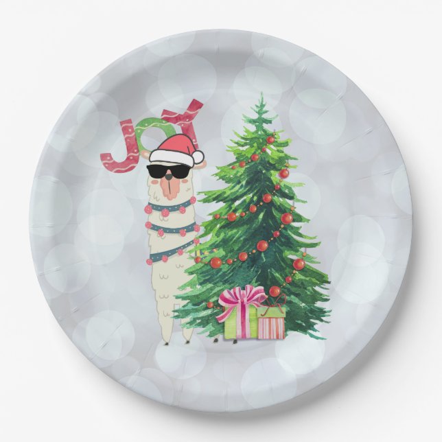 Christmas Llama | Joy Typography | Silver Bokeh Paper Plates (Front)