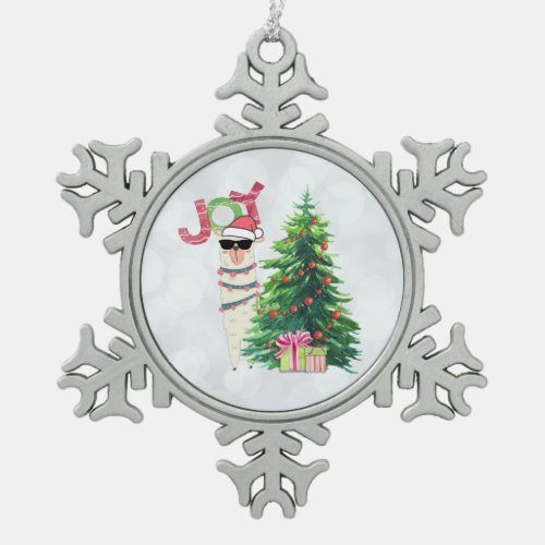 Christmas Llama  Joy Typography  Silver Bokeh Snowflake Pewter Christmas Ornament