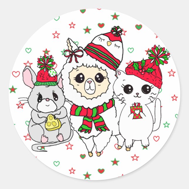 Christmas Llama, Kitten and Mouse Holiday Classic Round Sticker (Front)
