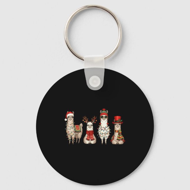 Christmas Llama Quartet Lights Santa Antlers Top H Keychain (Front)