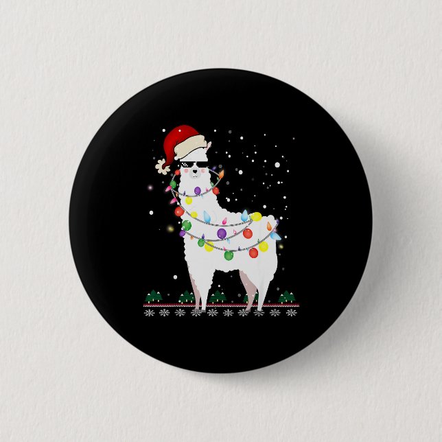 Christmas Llama Santa Hat Ugly Xmas Tree Alpaca Gi Button (Front)