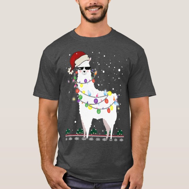 Christmas Llama Santa Hat Ugly Xmas Tree Alpaca T-Shirt (Front)