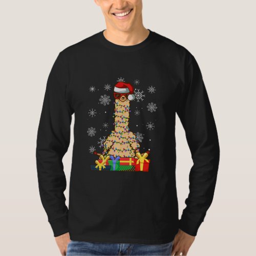 Christmas Llama Tree Lights Llama Santa Hat Xmas T_Shirt