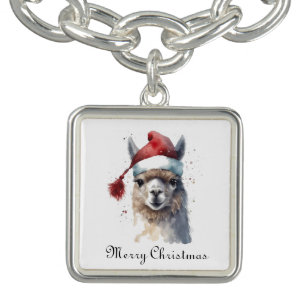 Christmas Llama Watercolor Santa Hat Custom Text Bracelet