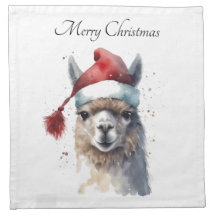 Christmas Llama Watercolor Santa Hat Custom Text