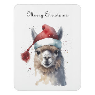 Christmas Llama Watercolor Santa Hat Custom Text Door Sign