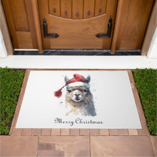 Christmas Llama Watercolor Santa Hat Custom Text Doormat