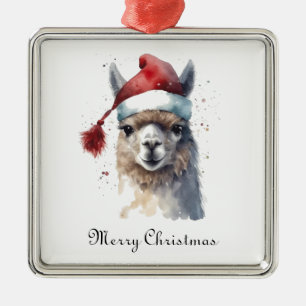 Christmas Llama Watercolor Santa Hat Custom Text Metal Ornament