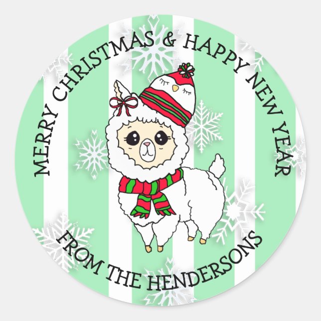 Christmas Llama with Winter Hat Holiday Classic Round Sticker (Front)