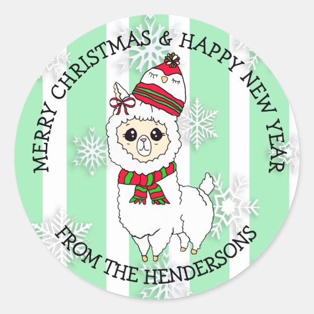 Christmas Llama with Winter Hat Holiday Classic Round Sticker (Front)