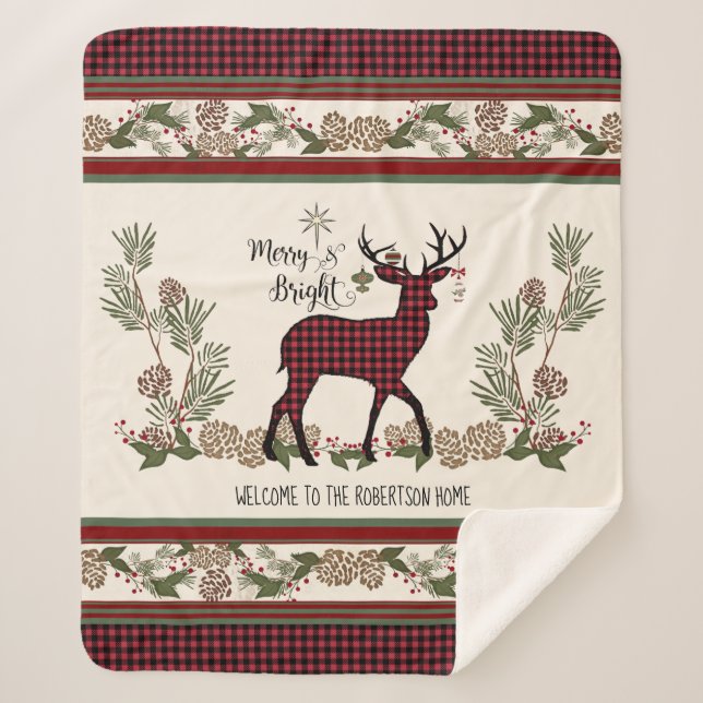 Christmas Lodge Merry Bright Deer Buffalo Plaid Sherpa Blanket (Front)