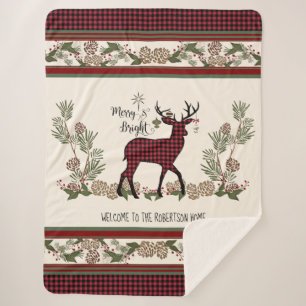 Christmas Lodge Merry Bright Deer Buffalo Plaid Sherpa Blanket