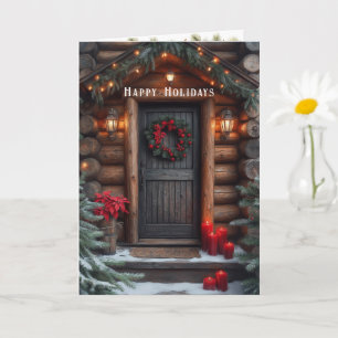 Christmas Log Cabin Pine Trees Red Poinsettia Card