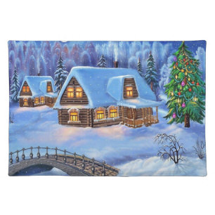Christmas Log House in Winter Placemat
