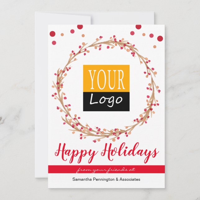 Christmas Logo Berry Wreath Business Holiday Card (Front)