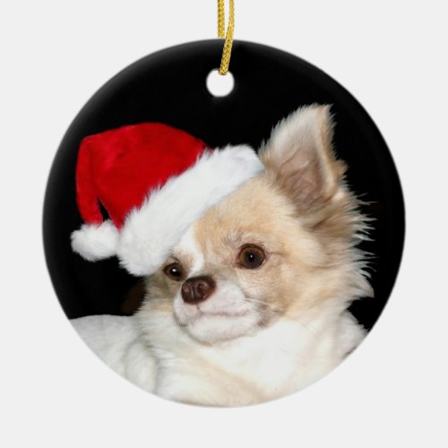 Christmas long haired Chihuahua Ceramic Ornament