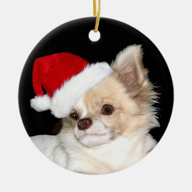Christmas long haired Chihuahua Ceramic Ornament (Front)