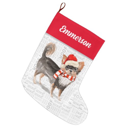 Christmas Long Haired Chihuahua with Dogs Name Large Christmas Stocking