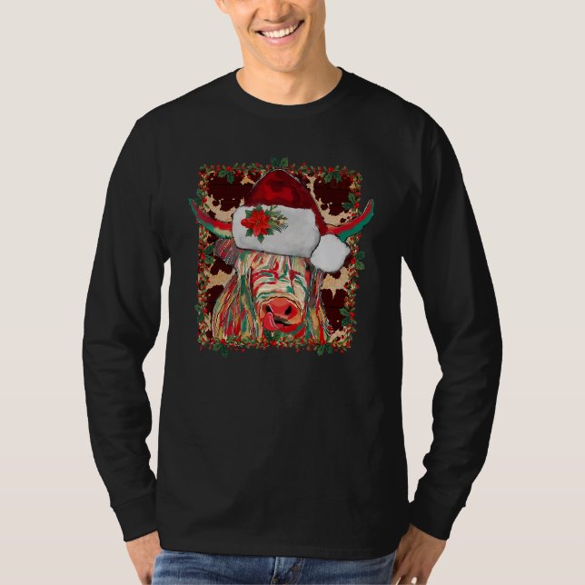 Christmas Longhorn Cow Cute  Christmas Western T-Shirt (Front)