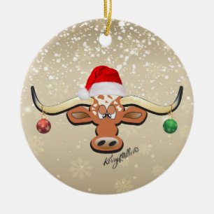 Christmas Longhorn Steer Ceramic Ornament