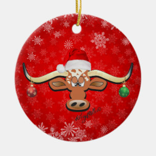 Christmas Longhorn Steer Ceramic Ornament
