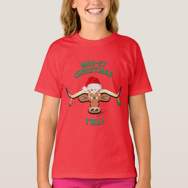 Christmas Longhorn Steer Girl's T-Shirt (Front)