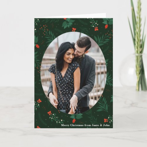 Christmas Love Couple Photo Green Mistletoe Folded Holiday Card