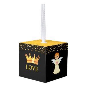 Christmas love crown & on black & gold cube ornament