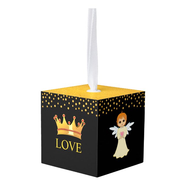 Christmas love crown & on black & gold cube ornament (Back Angled)