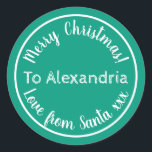 Christmas Love From Santa Bright Green Classic Round Sticker<br><div class="desc">This is a personalized love from Santa, Christmas design. It has a cute typography design in trending green with white stylish script typography. It has the message “To Alexandria Merry Christmas! Love from Santa xxx”. To personalize, simply add your loved one's name by using the personalize this text box. Here...</div>